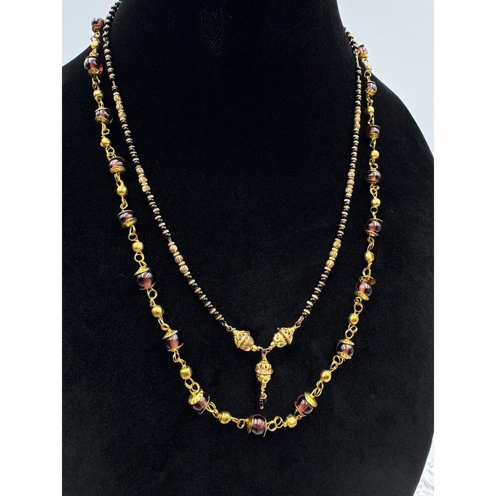 Lot of 2 India Style Necklaces 20”Black Purple Beaded Ornate Pendant Boho Ethnic